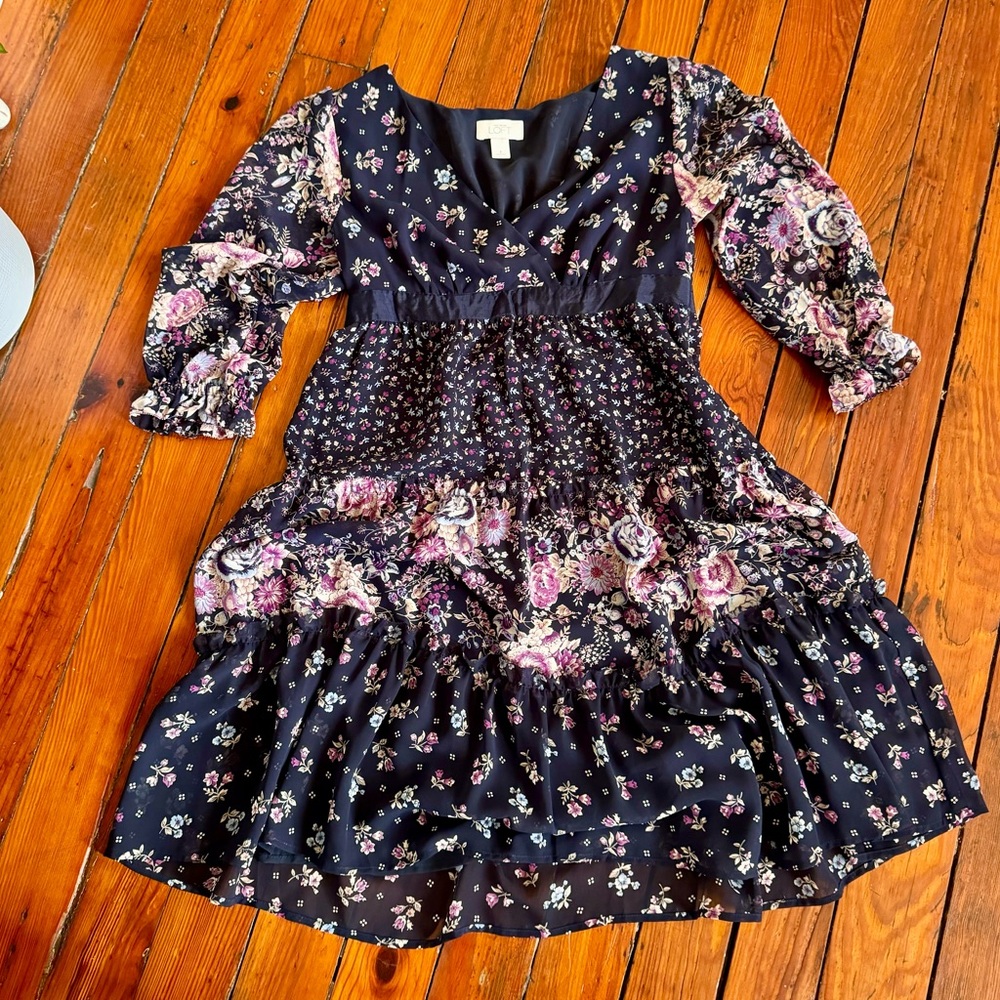 Loft Navy Pink Floral Fit & Flare Puff Long Sleeve Dress Faux Wrap Dress Sz 2